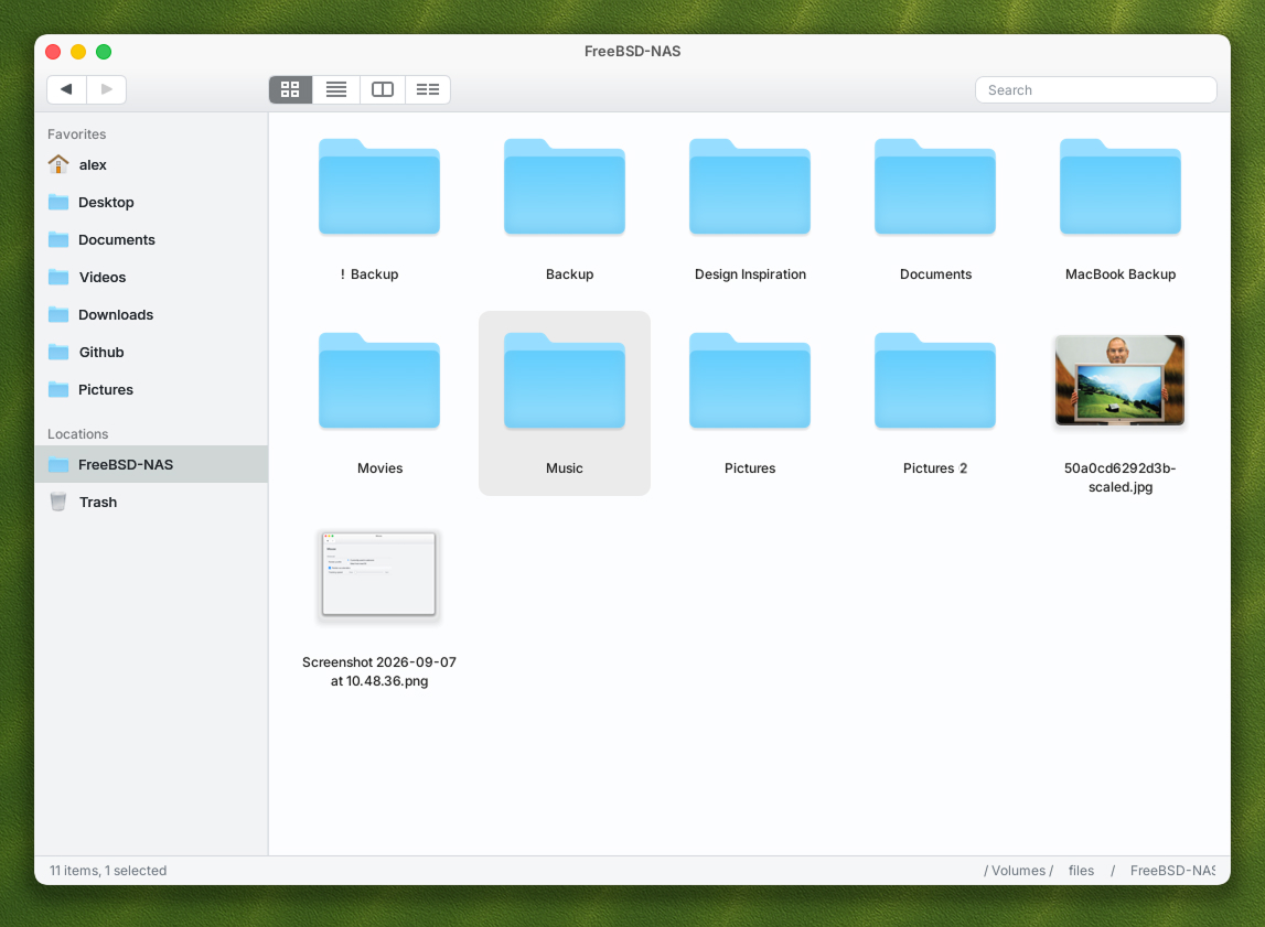 AsterWM file manager showing the FreeBSD NAS with folders and files