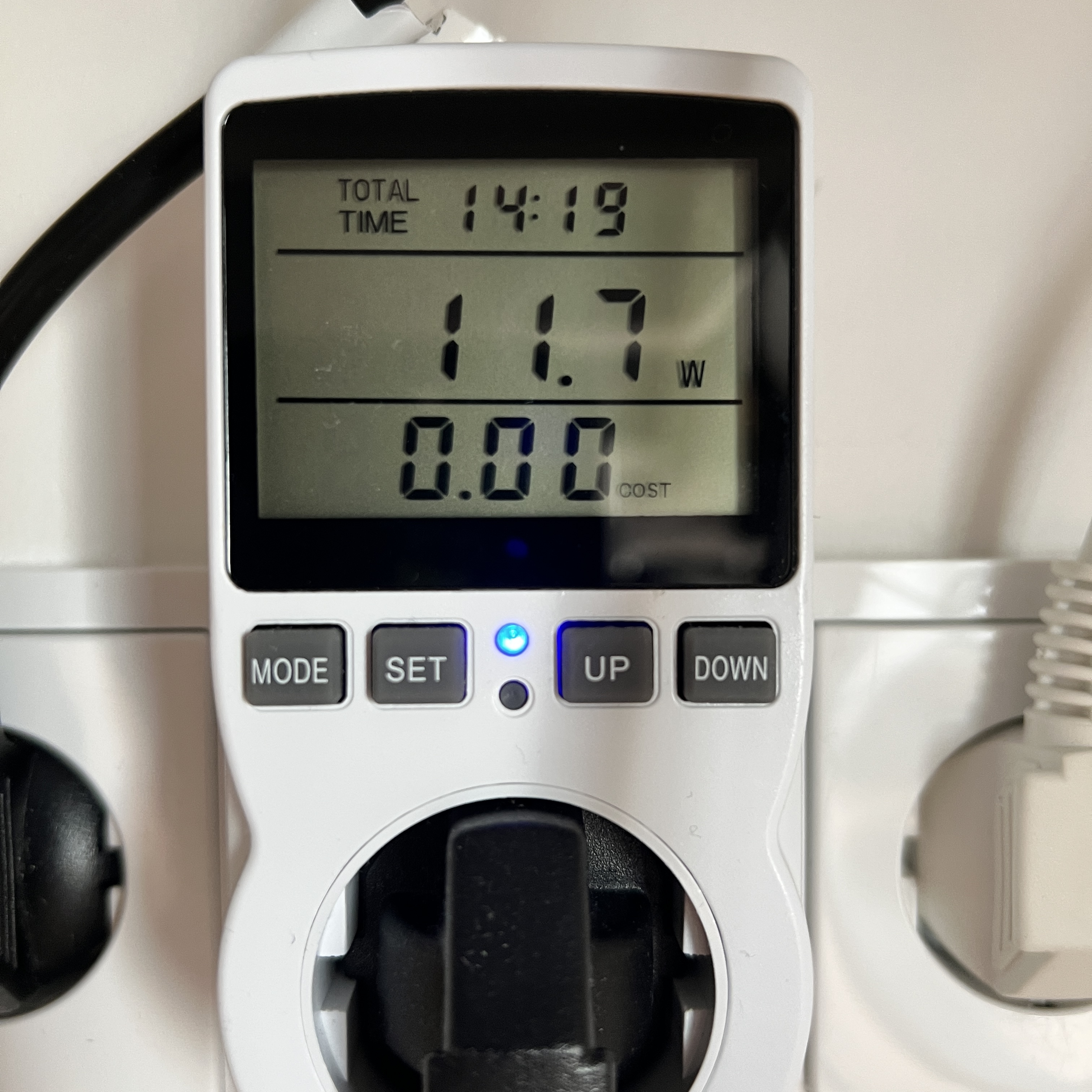 Power meter showing 11.7 watts after 14 hours and 19 minutes