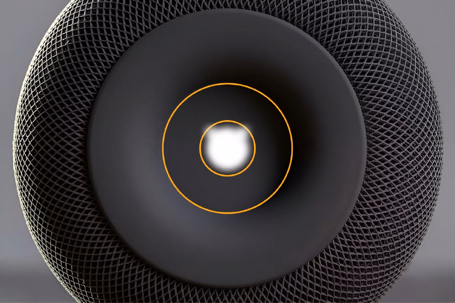 Blurred FreeBSD logo mass aligned inside an orange center circle on the HomePod